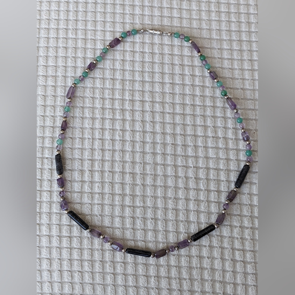 Vintage Necklace With Natural Jade, Amethyst And Tourmaline Gemstones - Picture 3 of 8